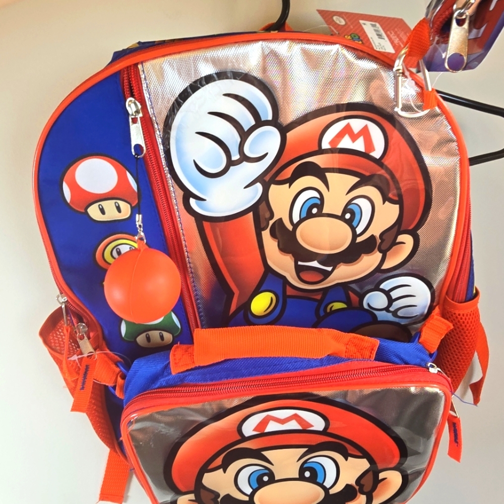 Super Mario Backpack Lunch Box Pencil Case 16 Inch Red Blue Accents